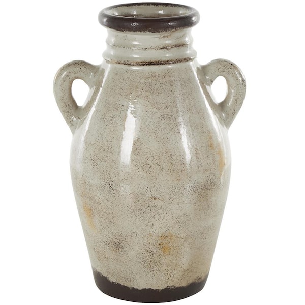 Litton Lane Cream Antique Amphora Ceramic Decorative Vase with Speckled Texturing and Yellow and Brown Accents