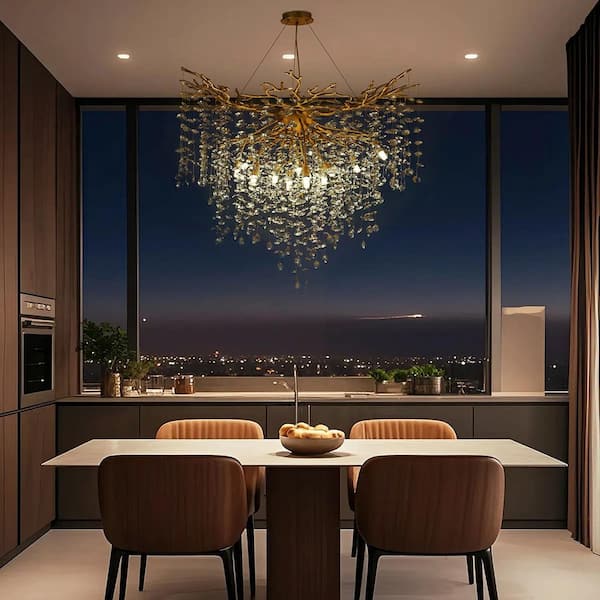 39 in. 12-Light Adjustable Chandelier with Crystal Decoration, Modern Gold Kitchen Island Chandelier, for Living Room