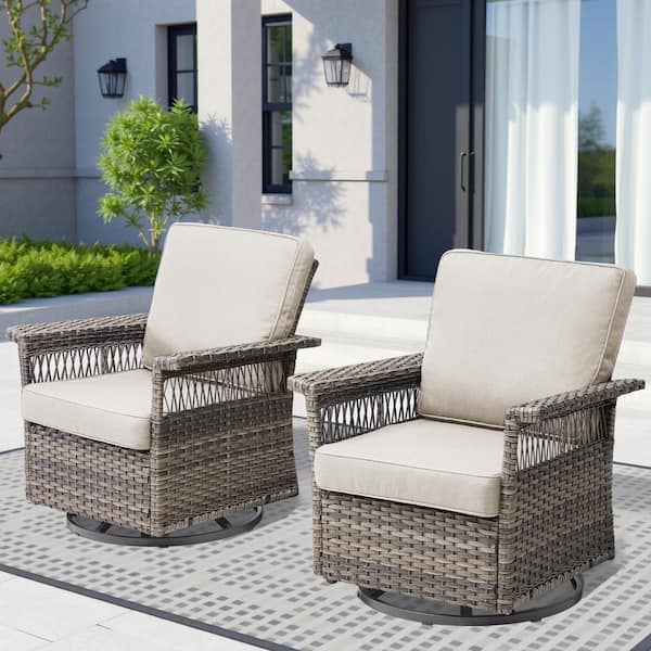 Nyajiah Wicker Outdoor Rocking Chair Patio Swivel Lounge Chair with Beige Cushions (2-Pack)