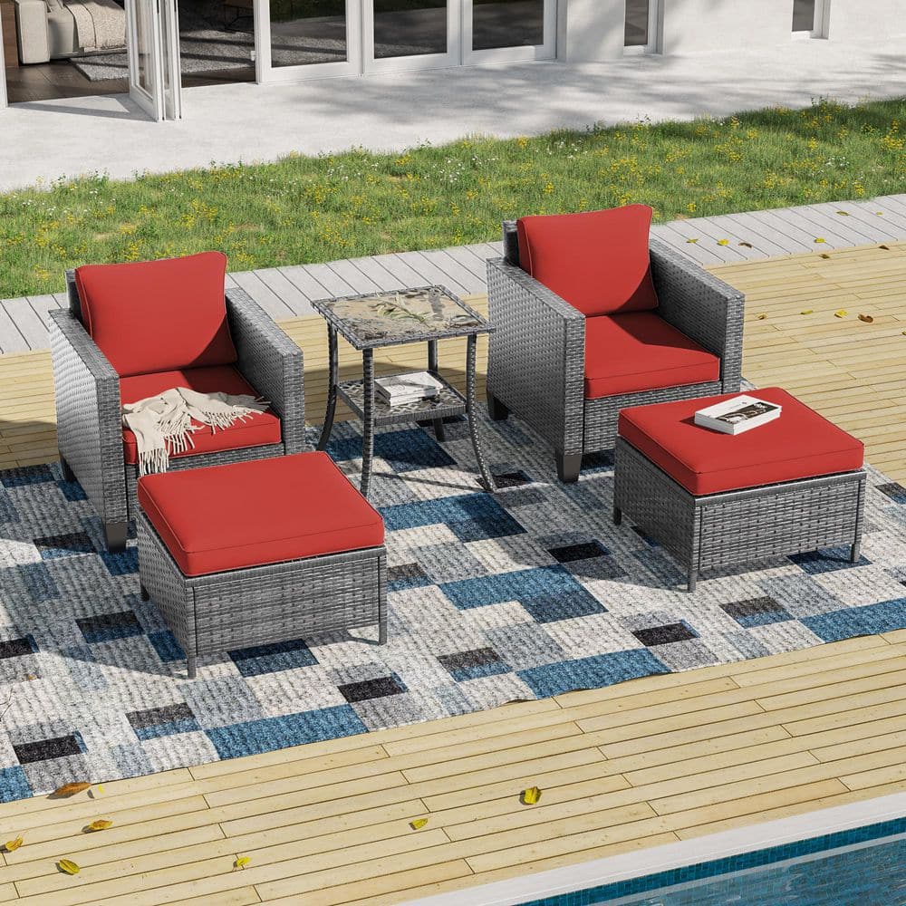 5-Piecess Patio Conversation Set with Glass Tabletop Side Table All-Weather Gray Wicker with Rust Red Cushions price history on PriceWatchPro