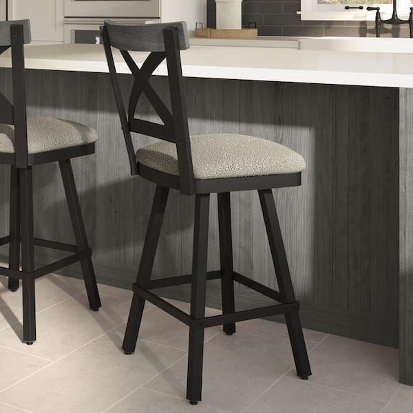 Snyder 30.5 in. Light Beige and Grey Boucle Polyester / Grey Birch Wood / Black Metal Swivel Bar Stool