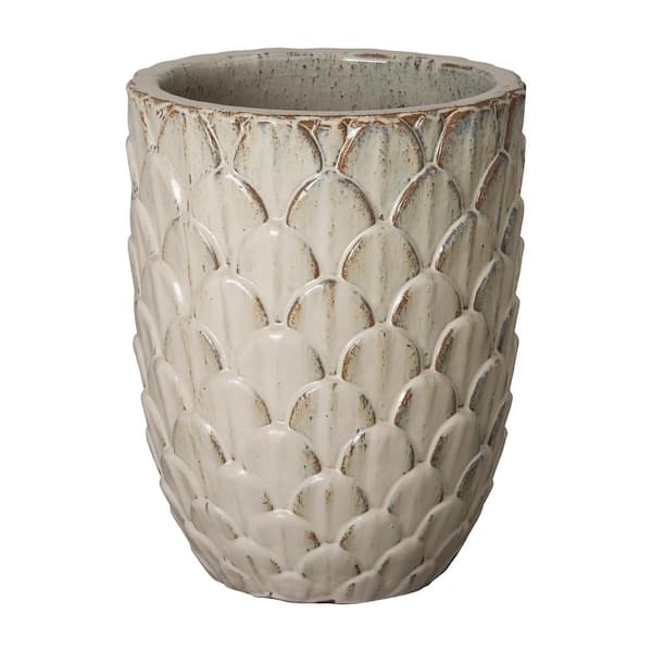 Pinecone 17 in. D x 22 in. H Antique White Ceramic Round Planter with Drainage Hole