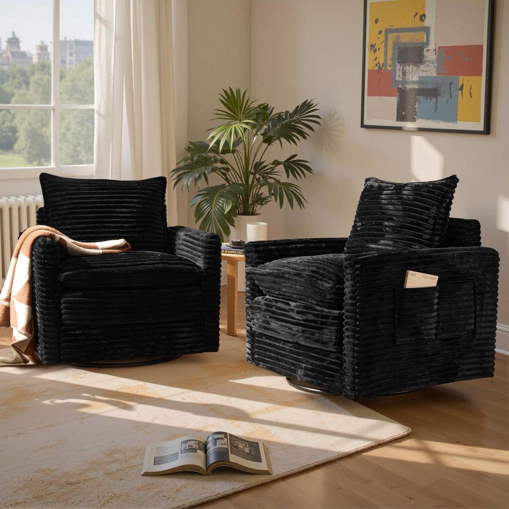 Allwex YOYO Black Plush Corduroy Swivel Accent Chair (Set of 2