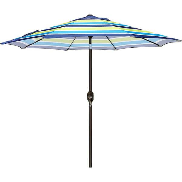 Cubilan 9 ft. Market Outdoor Patio Umbrella, Striped Patio Umbrella with Stripe Umbrella w/Button Tilt & Crank in Blue & Green