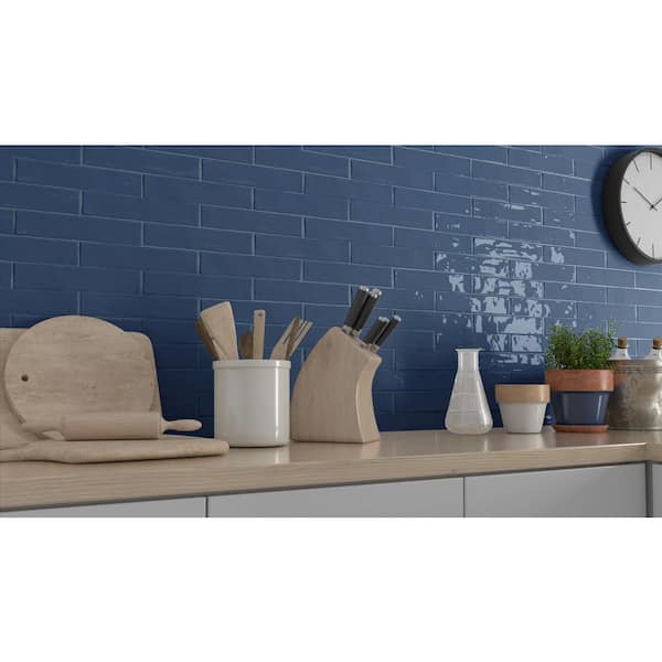 Compass Paz Blue 2 in. x 10 in. Smooth Glossy Subway Ceramic Wall Tile Sample