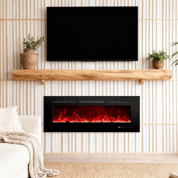 50 in. Wall Mount and Recessed Electric Fireplace Insert in Black with 13 Flame Colors & Bed Colors, Remote Control