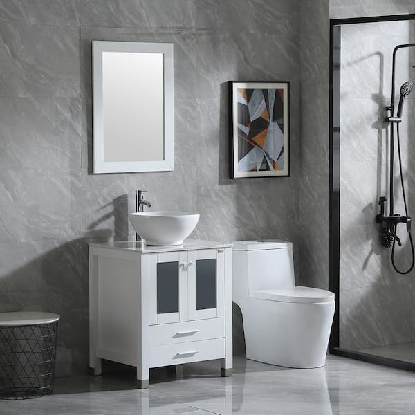 Wonline 24.5 in. W x 21.7 in. D x 61 in. H Single Sink Bath Vanity in White  with Glass Top and Mirror USBR4578+USBR4359 - The Home Depot