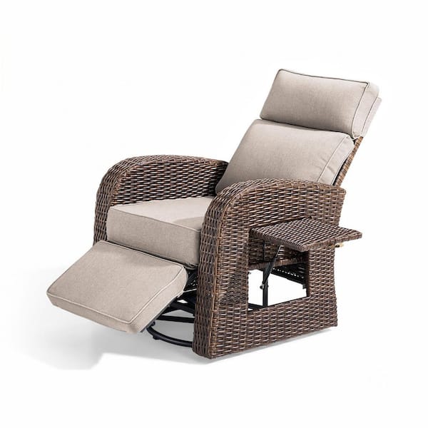 PE Rattan Wicker Swivel Outdoor Recliner Lounge Chair Adjustable Backrest with Beige Cushions