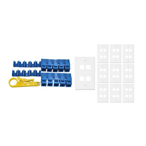 10-Pack 1-Gang White Keystone Plastic Wall Plates 4-Port and 10 Cat 6 RJ45 Keystone Jacks Blue