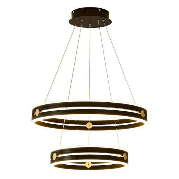 OUKANING 64-Watt Modern Integrated LED Black 2-Ring Dimmable Island Chandelier with Acrylic Shades and Remote