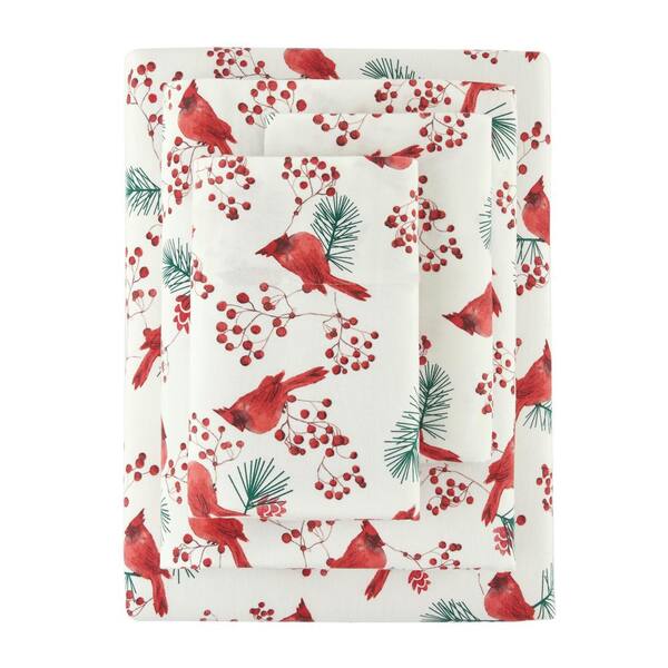 Home Decorators Collection 4-Piece Red Winter Cardinal Cotton Flannel King Sheet Set