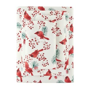 4-Piece Red Winter Cardinal Cotton Flannel Queen Sheet Set