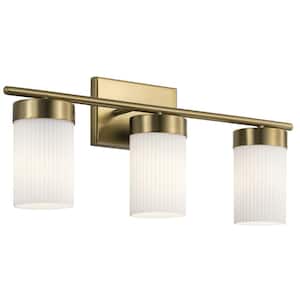 Ciona 24 in. 3-Light Brushed Natural Brass Traditional Bathroom Vanity Light with Round Ribbed Glass