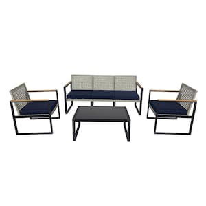 4-Pieces Outdoor Patio Furniture Set for 5, Aluminum Frame with Rattan Wicker and Cushions, Grey/Black