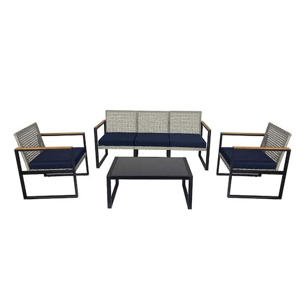 Kinger Home 4-Pieces Outdoor Patio Furniture Set for 5, Aluminum Frame with Rattan Wicker and Cushions, Grey/Black