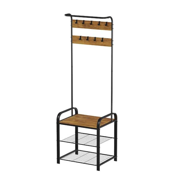 Black and Brown 9-Hook and 2-Shelves Freestanding Shoe and Coat Rack ...