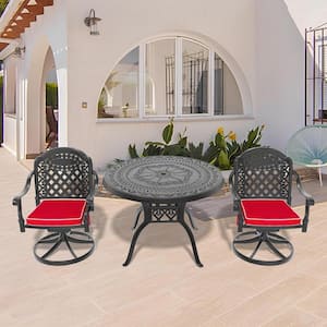 Isabella 3-Piece Cast Aluminum Patio Outdoor Dining Set with Round Dining Table, 2 Swivel Chairs and 2 Red Cushions