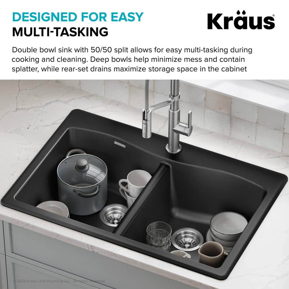 33-Inch Black Granite Double Bowl Drop-In Kitchen Sink