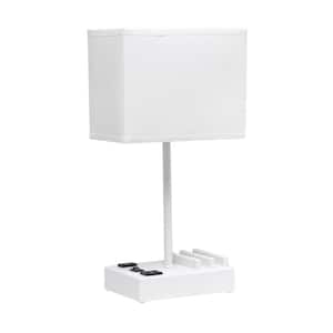 15 .3 in. White with White Shade Multi-Use 1 Light Bedside Table Desk Lamp with 2 USB Ports and Charging Outlet