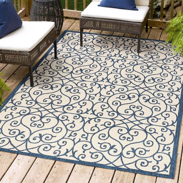 JONATHAN Y Madrid Vintage Filigree Textured Weave Navy/Beige 3 ft. x 5 ft. Indoor/Outdoor Area Rug