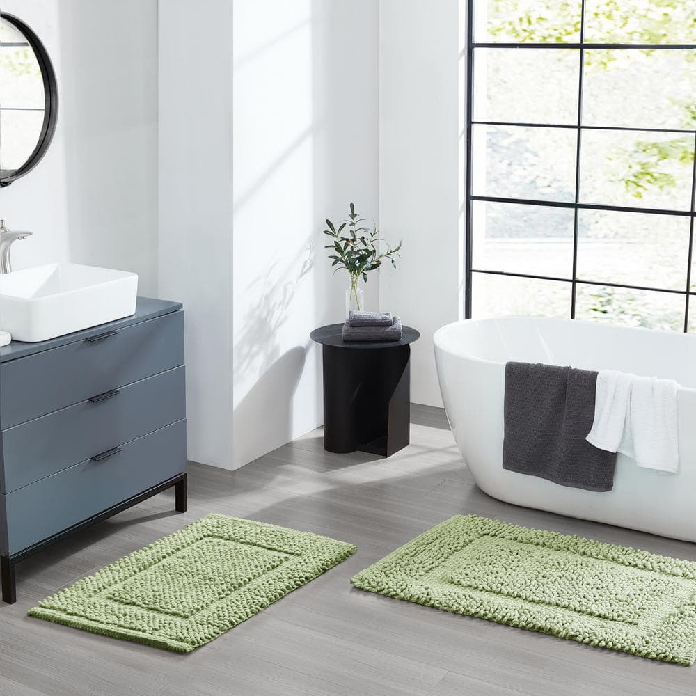 Sage Green Cotton Chenille Non-Slip Bath Mat Set