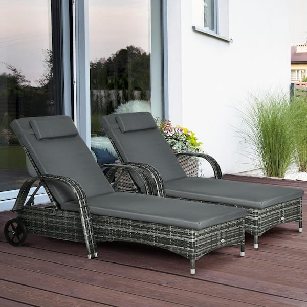 Outsunny Mixed Gray Wicker Outdoor Chaise Lounge Set with Charcoal Gray Cushions
