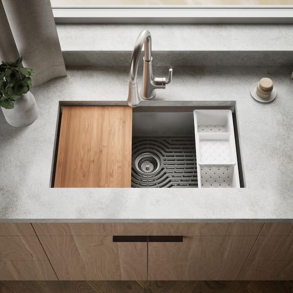 Task Workstation 33 in. Drop-In Single Bowl Stainless Steel Kitchen Sink with 1-Faucet Hole