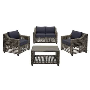 Briar Ridge 4-Piece Brown Wicker Outdoor Patio Conversation Deep Seating Set w/ CushionGuard Midnight Navy Blue Cushions