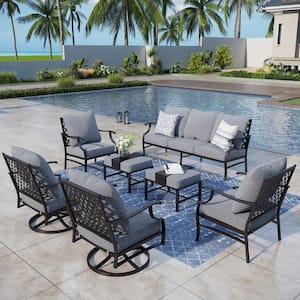 Black Meshed 9-Seat 7-Piece Metal Outdoor Patio Conversation Set with Gray Cushions, 2 Swivel Chairs and 2 Ottomans
