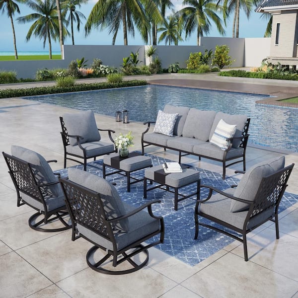 PHI VILLA Black Meshed 9-Seat 7-Piece Metal Outdoor Patio Conversation Set with Gray Cushions, 2 Swivel Chairs and 2 Ottomans
