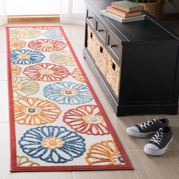 Cabana Cream/Red 2 ft. x 6 ft. Border Floral Indoor/Outdoor Patio  Runner Rug