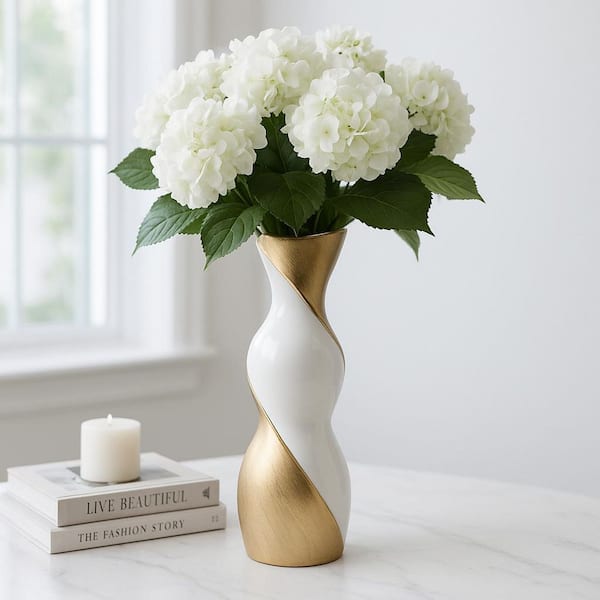 Liv & Skye 16 in. White and Gold Ceramic Twisted Decorative Vase