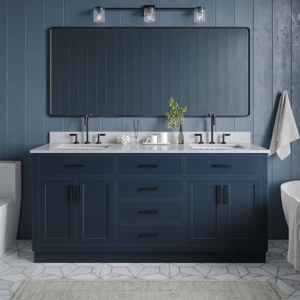ARIEL Hepburn 73 in. W x 22 in. D x 35.25 in. H Bath Vanity in Blue with Carrara Marble Vanity Top in White with White Basins