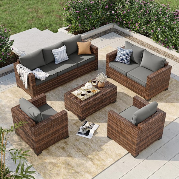ELPOSUN 7-Seat 5-Piece Rattan Wicker Outdoor Patio Conversation Deep Seating Sofa Set with Gray Cushions, Loveseat, Storage Box