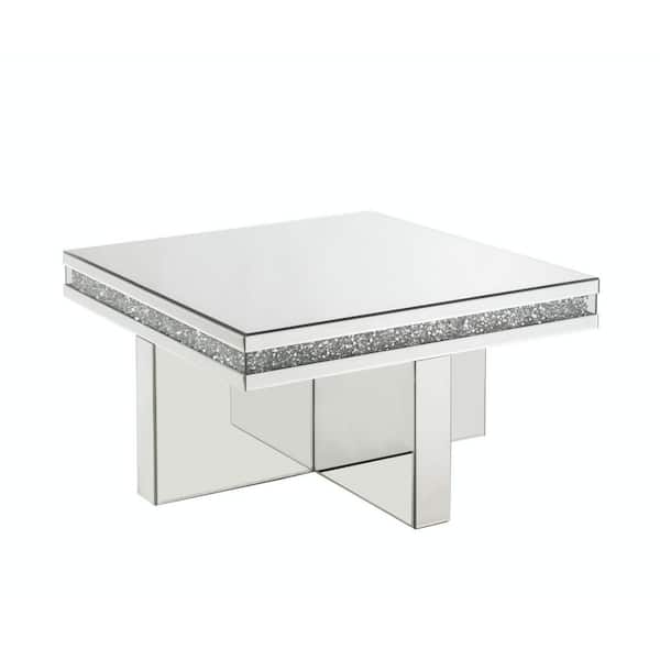 HomeRoots Amelia 32 in. Mirrored and Faux Diamonds Rectangle Glass Coffee Table with Mirrored