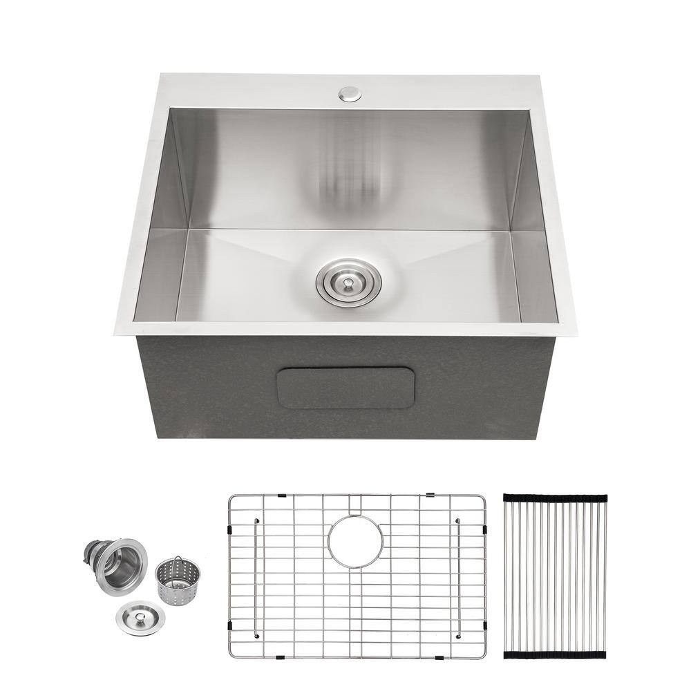 16-Gauge Stainless Steel 25 in. Single Bowl Right Angle Drop-In Kitchen Sink Laundry Basin with Bottom Grid, Silver