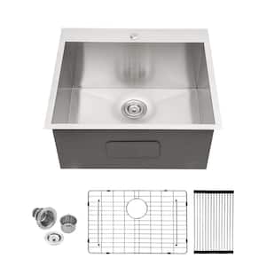 16-Gauge Stainless Steel 25 in. Single Bowl Right Angle Drop-In Kitchen Sink Laundry Basin with Bottom Grid