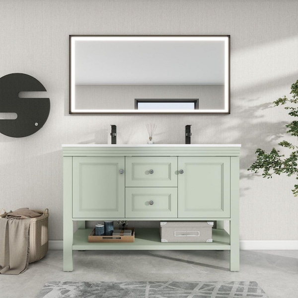 48 in. W x 17.7 in. D x 34 in. H 2-Sink Freestanding Bath Vanity in Green with White Resin Top and Drain Faucet Set
