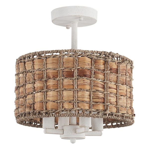 11.81 in. 4-Light Distressed White Drum Natural Rattan Seagrass Semi Flush Mount Ceiling Light with No Bulbs Included