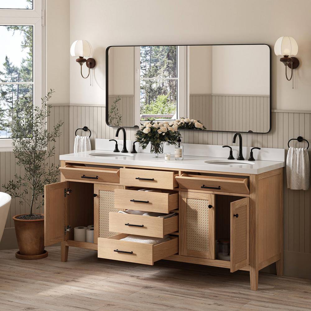 Camila 73" Light Brown Oak Double Sink Vanity with White Quartz Top