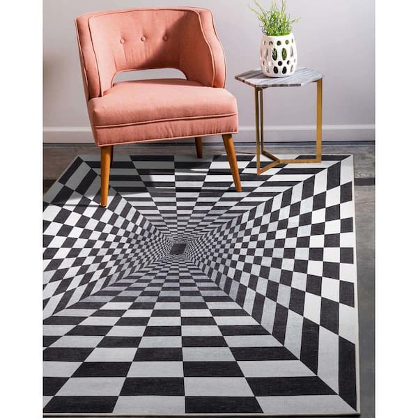 Apollo Warp Hole Modern Optical Illusion Black Ivory 6 ft. x 9 ft. Area Rug