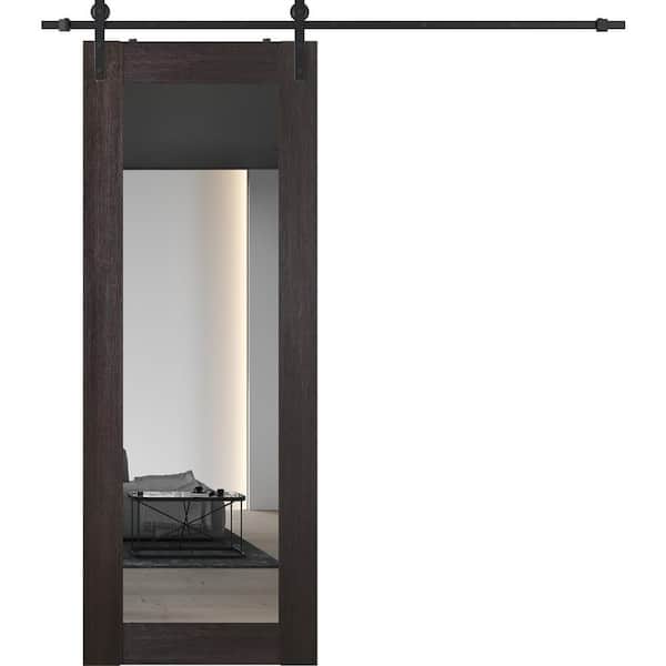 Vona 207 36 in. x 84 in. Full Lite Mirrored Glass Veralinga Oak Wood Composite Sliding Barn Door with Hardware Kit