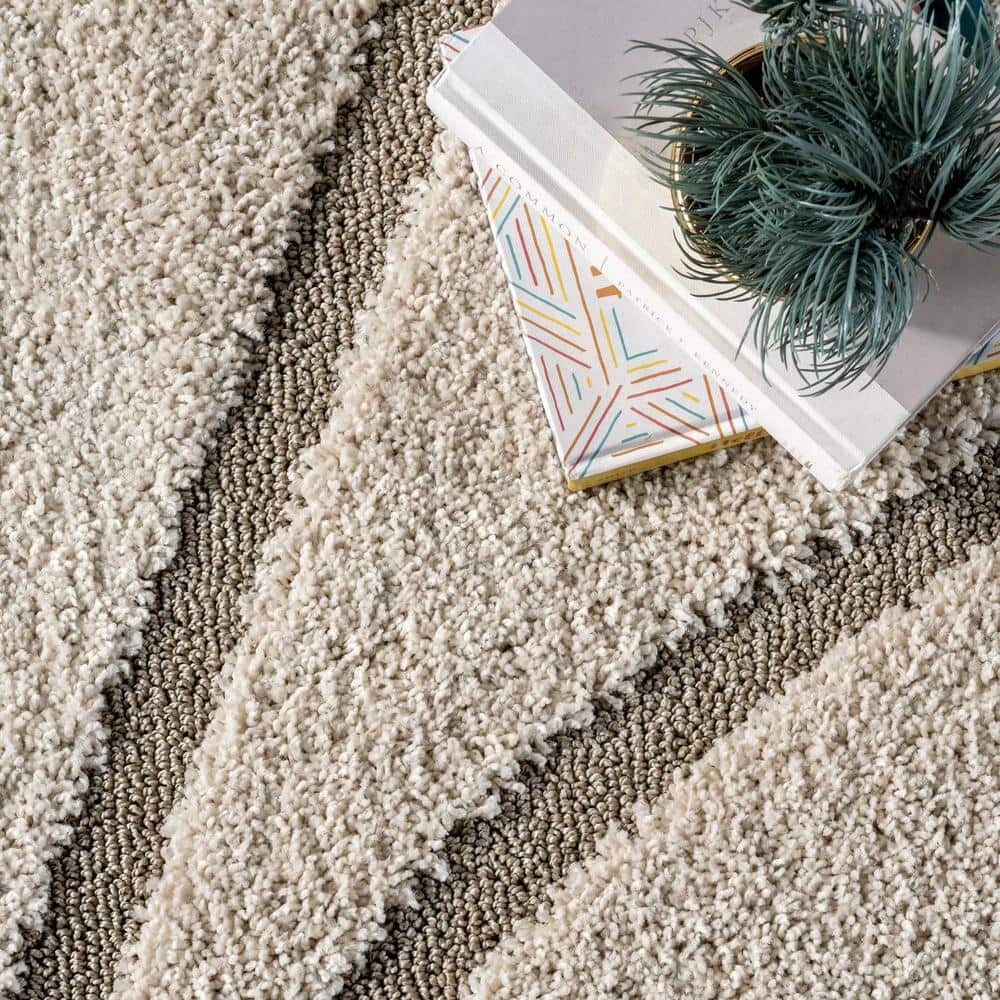 Cream and Beige Synthetic Shag Area Rug, 9' 2" x 12'