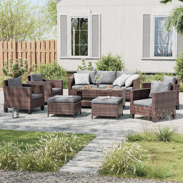8-Piece Brown Wicker Patio Sofa Set Outdoor Furniture Set with Ottomans and Coffee Table, Gray