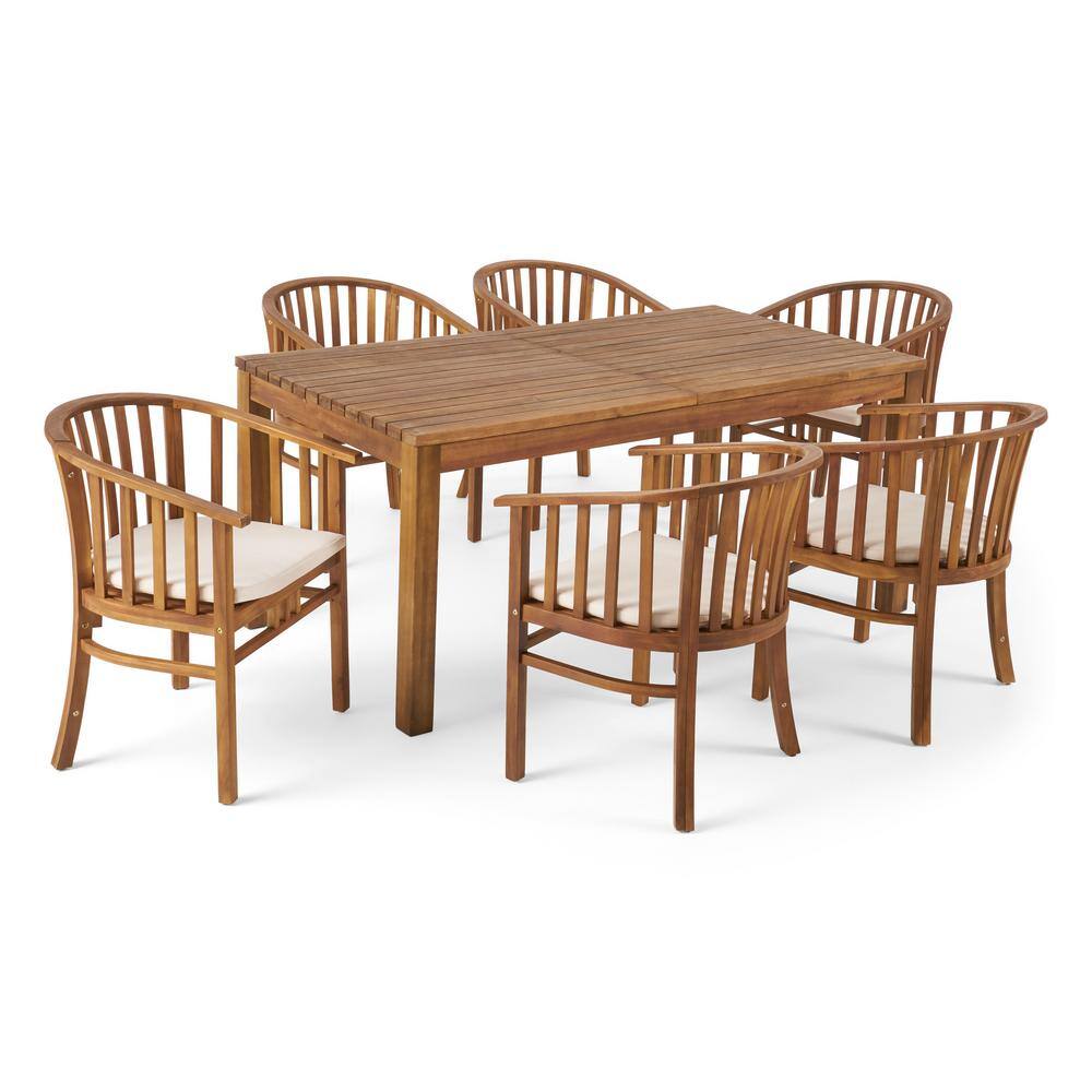 Acacia Wood Expandable Outdoor Dining Set with White Cushions