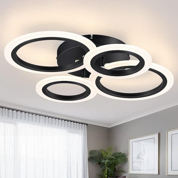 YANSUN Modern LED Flush Mount Ceiling Light, 4 Rings LED Black Lighting Fixture for Kitchen, Living Room, Bedroom, Laundry Room
