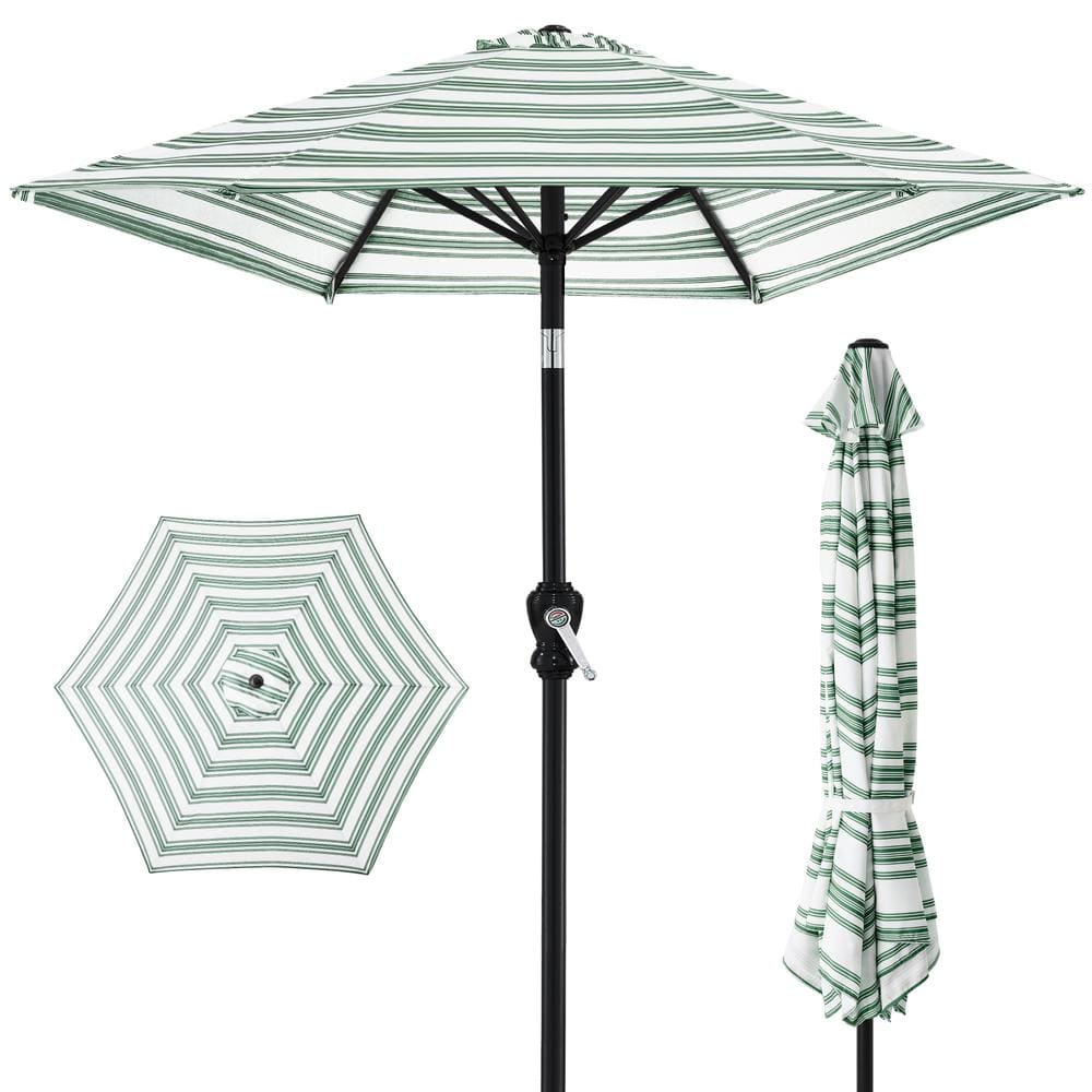 10ft Striped Green Polyester Market Patio Umbrella with Black Metal Pole