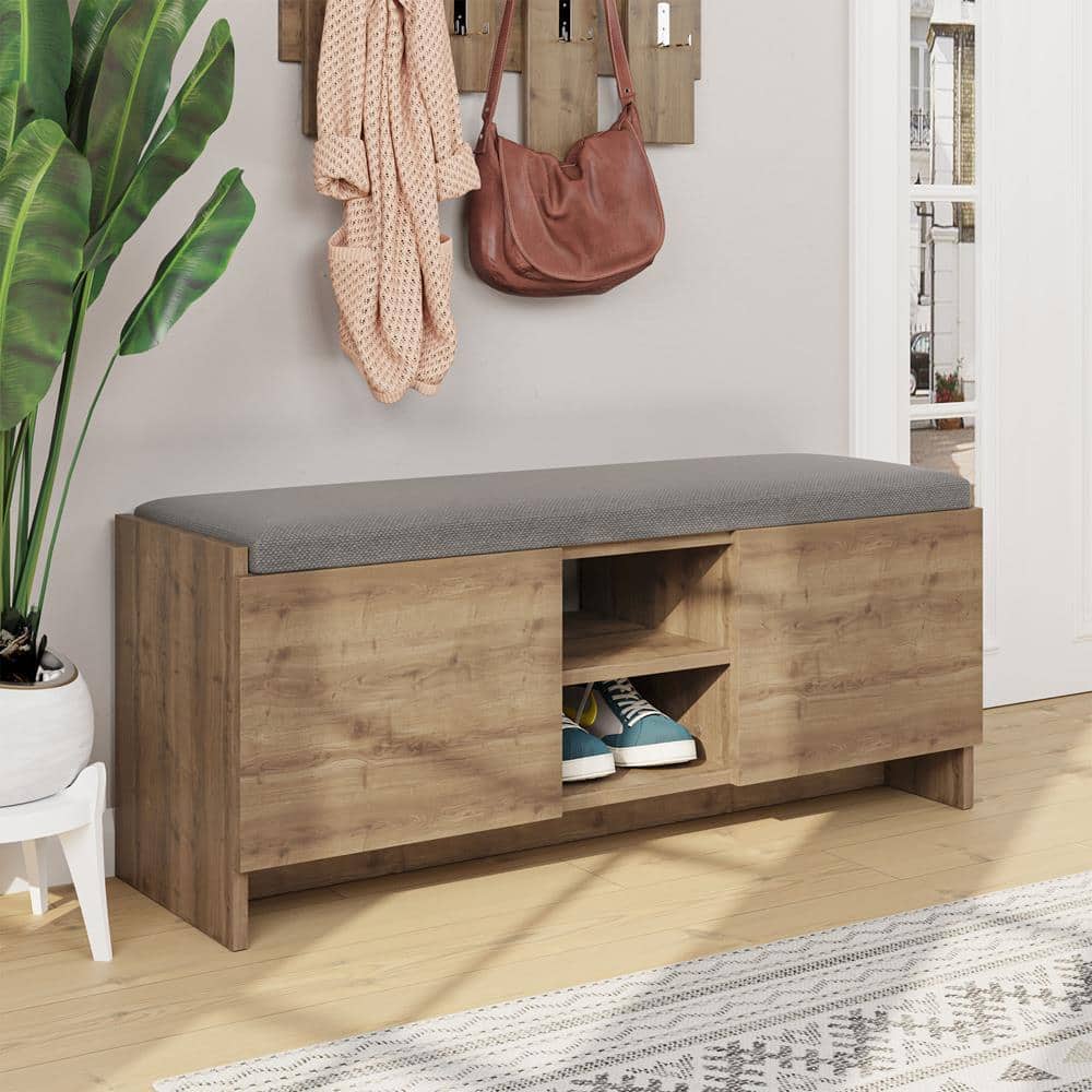 Rustic Walnut Shoe Storage Bench with Shelves and Cushion