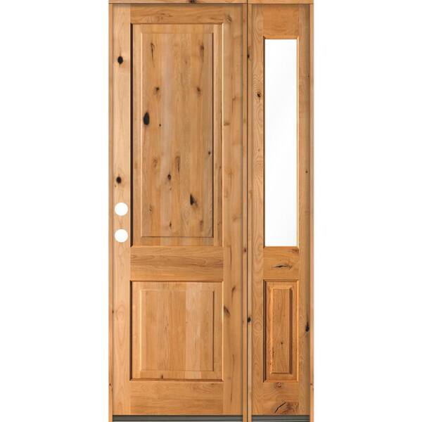Krosswood Doors 44 in. x 96 in. Rustic knotty alder Right-Hand/Inswing Clear Glass Clear Stain Square Top Wood Prehung Front Door w/RHSL
