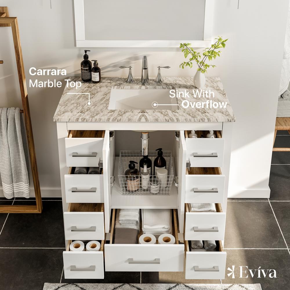 Hampton 36" White Solid Wood Bathroom Vanity with Carrara Marble Top